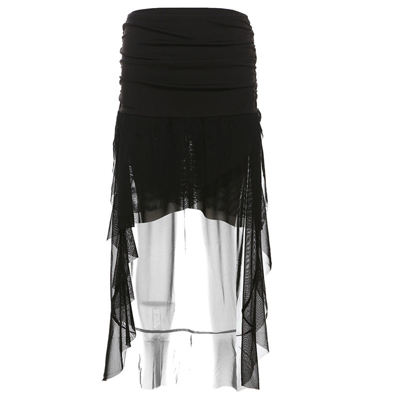 Cross-border 2025 style popular autumn new women's clothing light tulle cascade design pure black mesh slim skirt