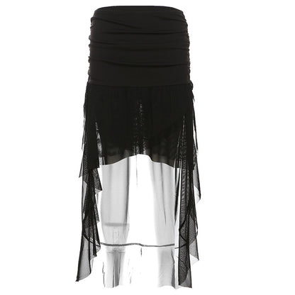 Cross-border 2025 style popular autumn new women's clothing light tulle cascade design pure black mesh slim skirt