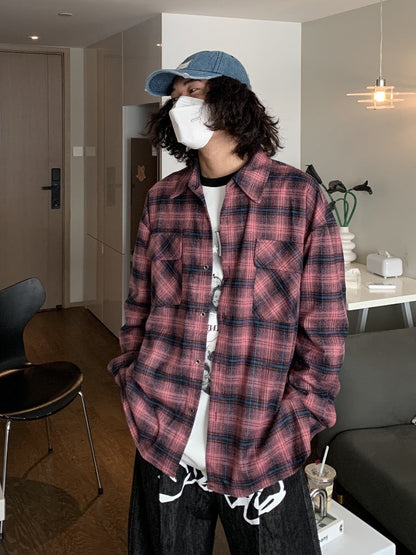 saferido      -shop men fall outfits American Autumn and Winter New Brushed Thickened All-Match Long-Sleeved Shirt Men's Plaid Casual Retro Couple