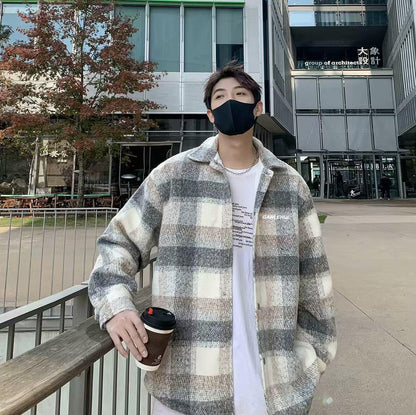 saferido mens outfits 2024 Autumn and Winter New American Retro Contrast Color Plaid Cardigan Coat Men's Lazy Casual Loose Woolen Top