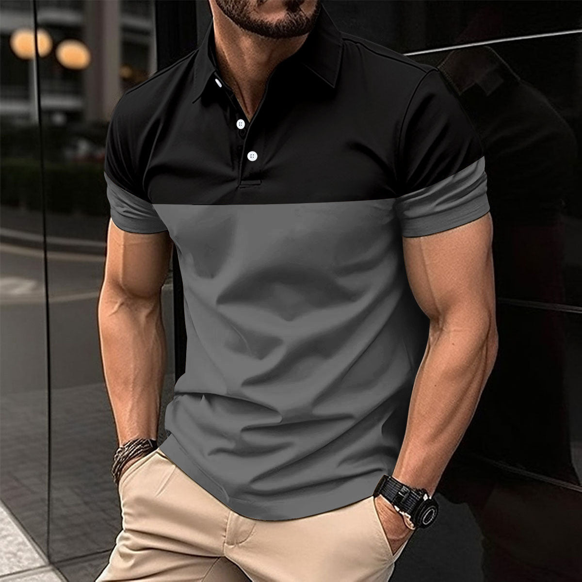 new  men's casual POLO shirts fashionable V-neck buttons business color matching all-match T-shirt tops