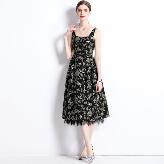 Summer court style celebrity temperament black gold rose embroidered gold silk heavy industry jacquard long waist and thin dress