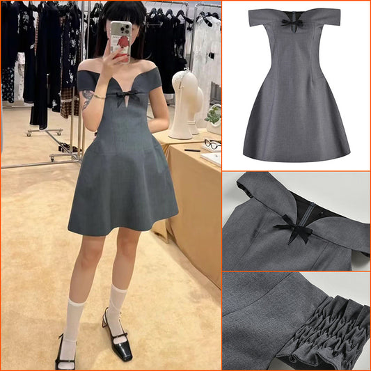 summer new niche design sense pure desire sexy style one-word shoulder bow dress children M1004