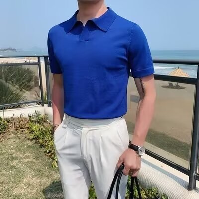 saferido      -shop classy outfits men Lapel Business Polo Men's Sweater Seagull Collar T-shirt Men's Casual Solid Color Slim Fit American Men's Summer Short Sleeve