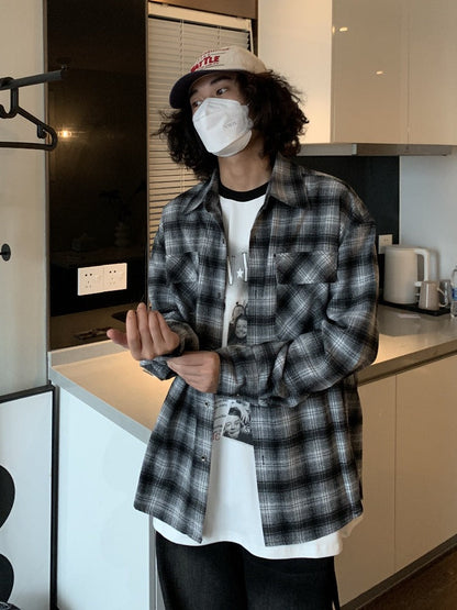 saferido      -shop men fall outfits American Autumn and Winter New Brushed Thickened All-Match Long-Sleeved Shirt Men's Plaid Casual Retro Couple