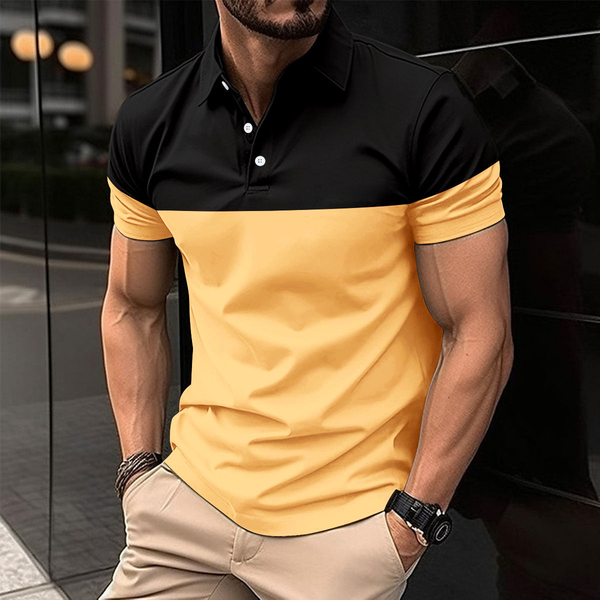 new  men's casual POLO shirts fashionable V-neck buttons business color matching all-match T-shirt tops