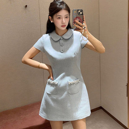 spring new small fragrant style lapel slim and thin small high-end age-reducing short-sleeved dress MZ038