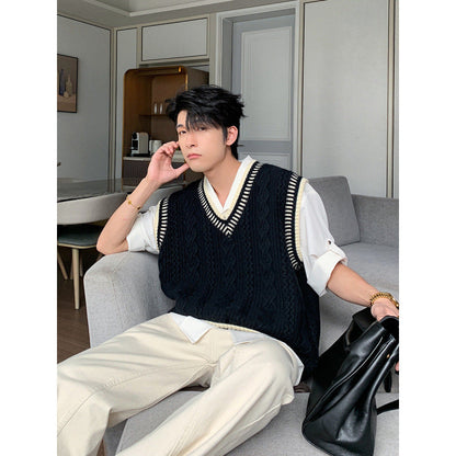 saferido      -shop mens fashion Shanlitadi Autumn and Winter College Style Twist Sweater Men's Casual V-neck Vest Sweater Korean Style Loose Waistcoat Top