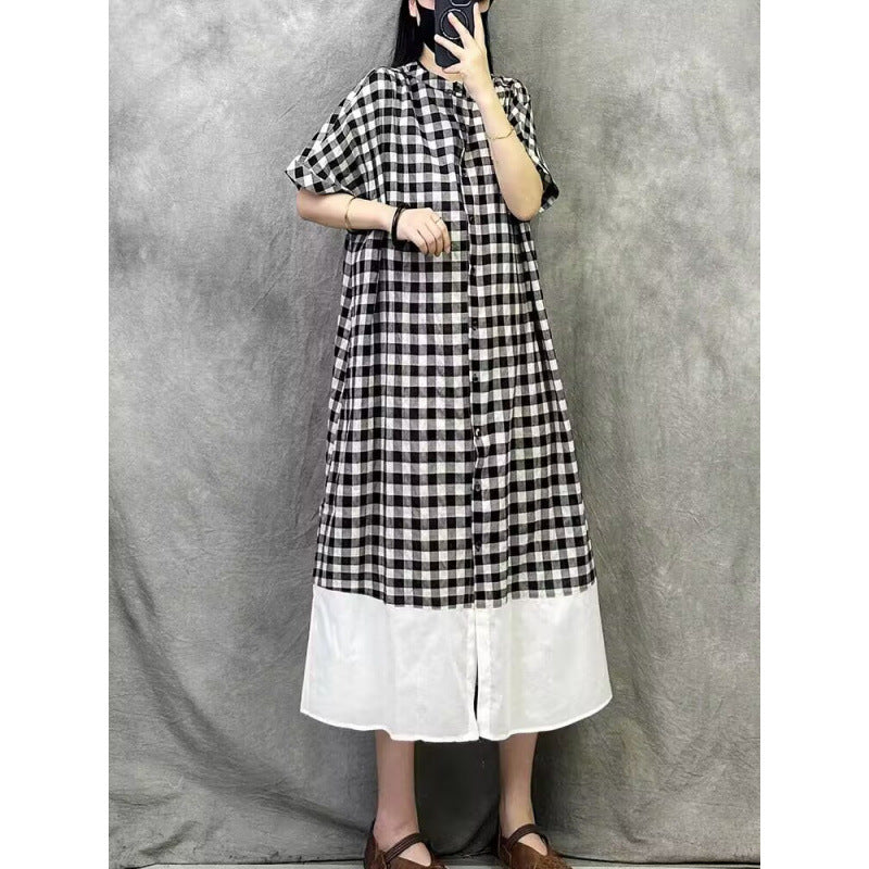 Plaid crew neck splicing dress  summer new design sense casual sense Japanese style wear women