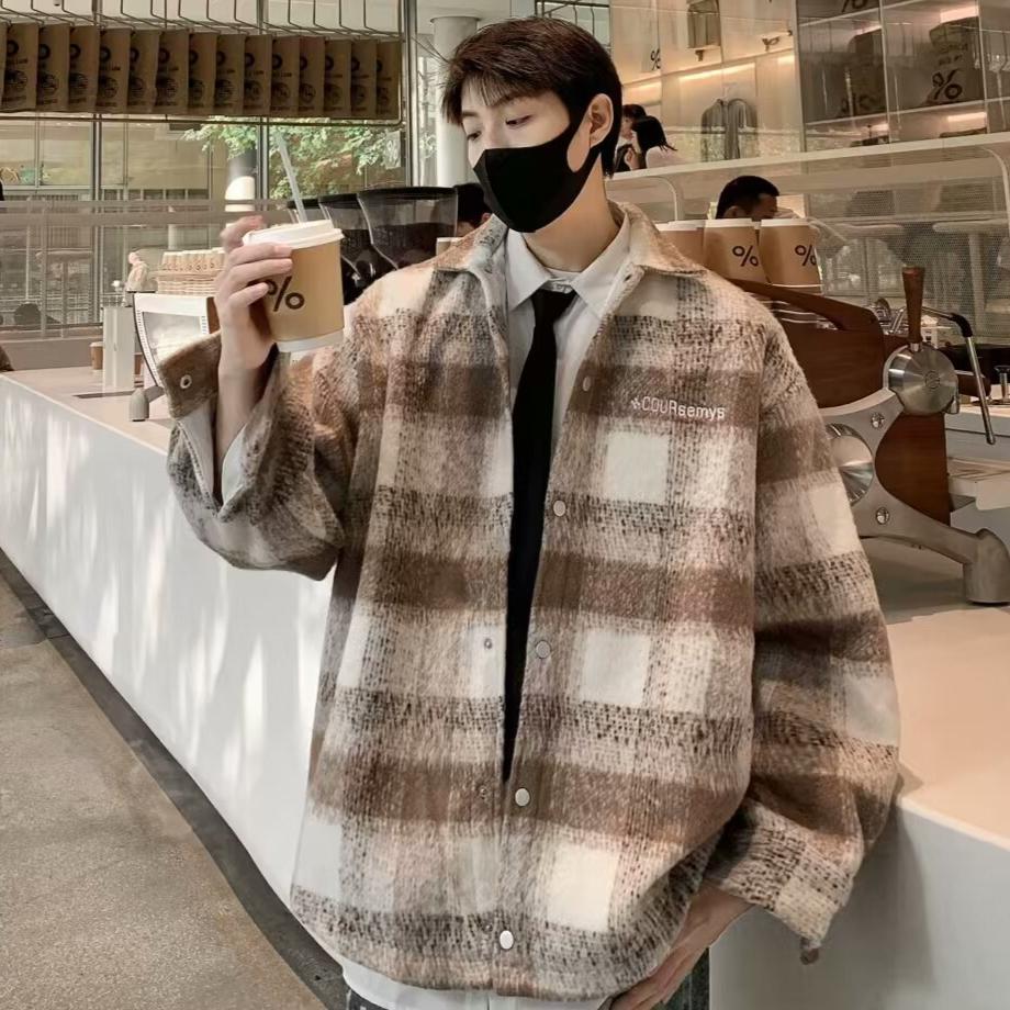 saferido mens outfits 2024 Autumn and Winter New American Retro Contrast Color Plaid Cardigan Coat Men's Lazy Casual Loose Woolen Top