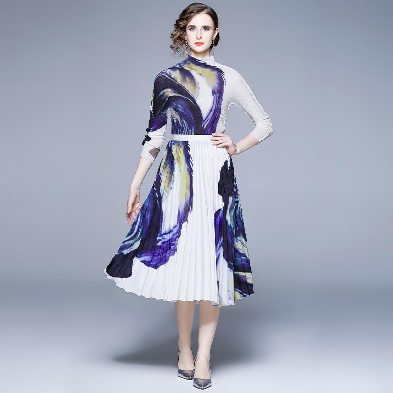 Popularan Station Folded Suit Women's Autumn  Light Mature Royal Sister Style T-shirt Skirt Two-piece Set