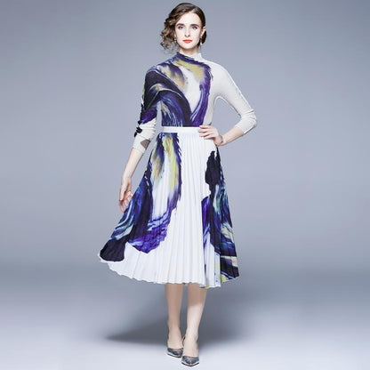 Popularan Station Folded Suit Women's Autumn  Light Mature Royal Sister Style T-shirt Skirt Two-piece Set