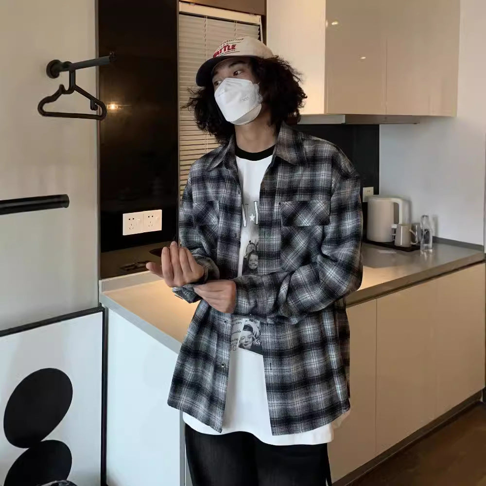 saferido      -shop men fall outfits American Autumn and Winter New Brushed Thickened All-Match Long-Sleeved Shirt Men's Plaid Casual Retro Couple