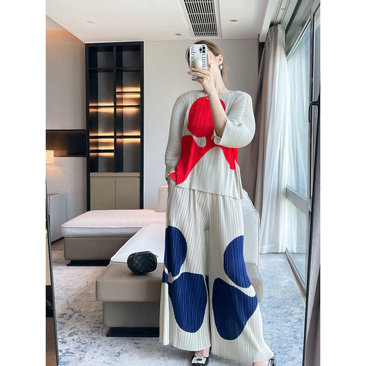 autumn new high-end printed fashion T-shirt pleated top women's loose casual pants two-piece set