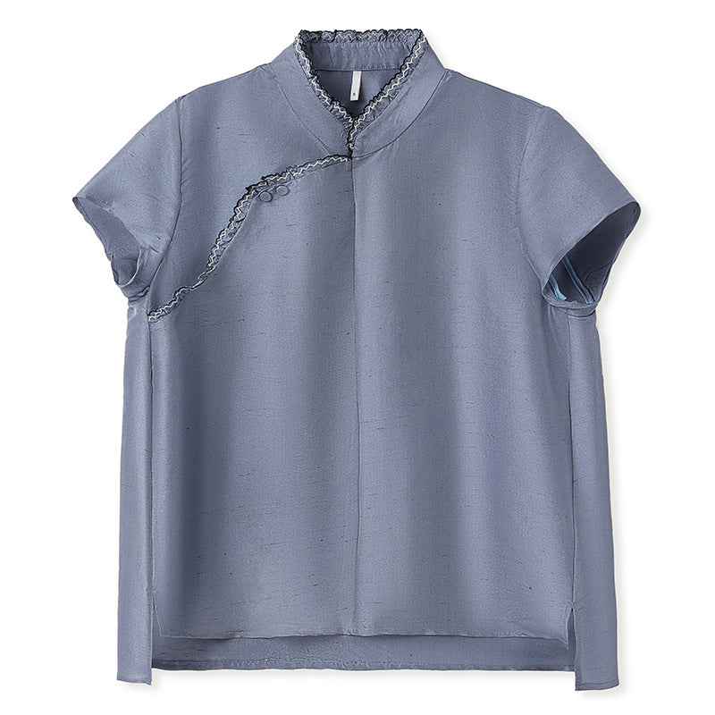 New Chinese style mulberry silk high-end shirt women's summer new chic diagonal placket buckle lace top N4002