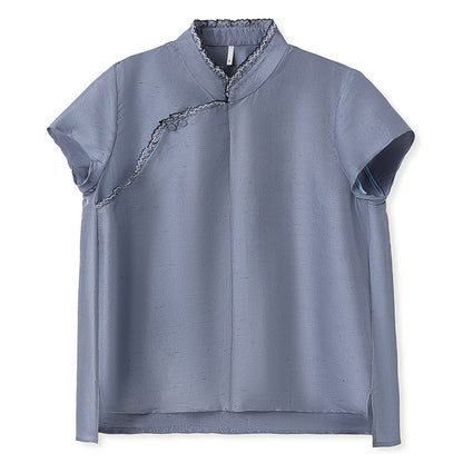 New Chinese style mulberry silk high-end shirt women's summer new chic diagonal placket buckle lace top N4002