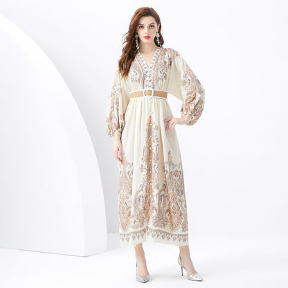 Dinner dress women's  style high sense retro court  style waist and thin temperament fashion printed dress