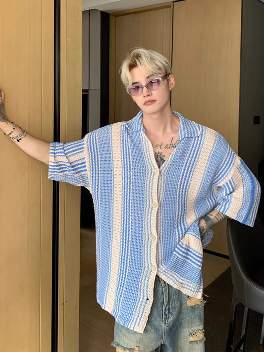 American style niche contrast color short-sleeved shirt men summer new style trend loose lapel casual knit sweater top