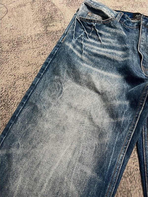 American retro dark blue lightning burst cracked jeans for men and women loose wide-leg pants washed straight flared pants