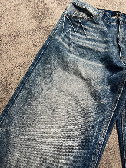 American retro dark blue lightning burst cracked jeans for men and women loose wide-leg pants washed straight flared pants
