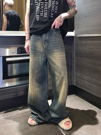Niche worn and distressed retro washed straight jeans men's autumn new loose versatile wide-leg mopping trousers