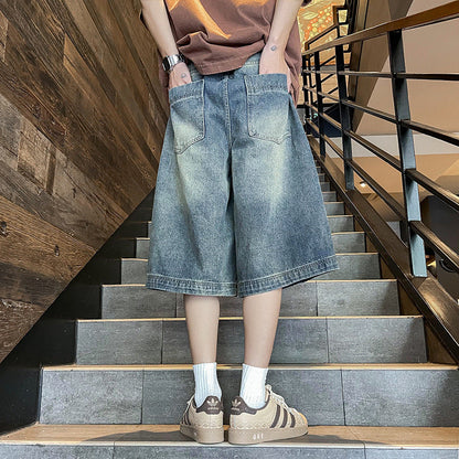 saferido 90s streetwear American Retro Workwear Denim Shorts Men's Summer Versatile High Street Vibe Loose Washed Wide-Leg Shorts