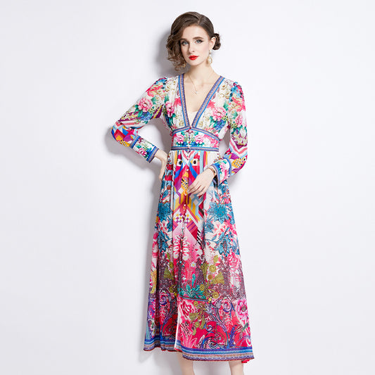 Popular trade women's clothing popular new holiday style temperament design sense V-neck printing long-sleeved waist dress