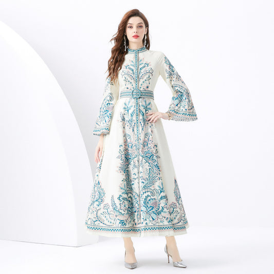 popular new  retro court style printed dress for women's high-end feeling loose waist horn sleeve dress skirt