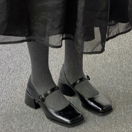 2025 High Heel Mary Jane Shoes Thick Heel Versatile Square Head One-word Buckle  Hepburn Style Small Leather Shoes