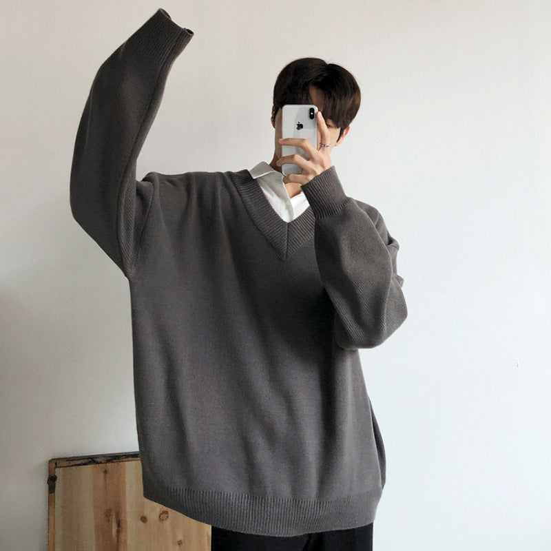 saferido fall outfit men Loose V-neck Sweater Men's Autumn and Winter Sweater Korean Style Thickened Lazy Style Bottoming Shirt Sweater Sweater with Chicken Collar