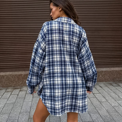 2025 Spring and summer fashion temperament polyester cotton shirt sleeves blue plaid shirt  versatile pocket street style top women