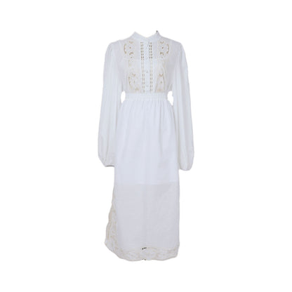 popular autumn and winter new lace style new fashion temperament collar splicing design hollow long sleeve waist dress