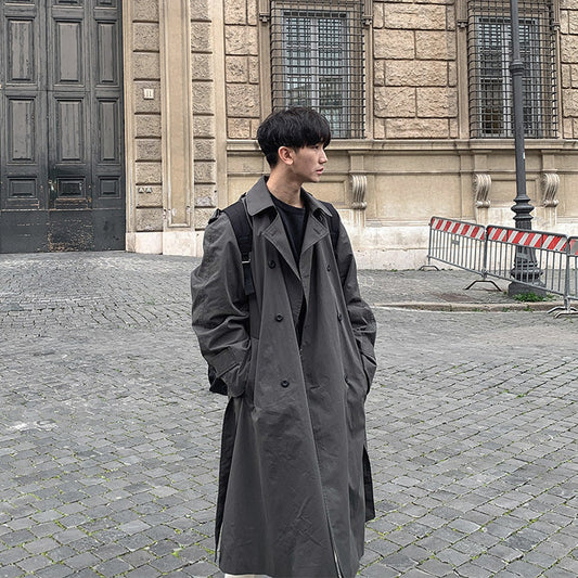 saferido mens fall fashion Mid-Length Windbreaker Men's Spring and Autumn New Korean Style Trendy Handsome Loose Double-Breasted Coat over the Knee