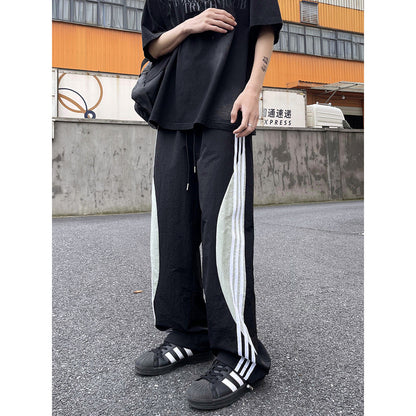 Summer dopamine quick-drying casual pants men's trendy three-bar contrast color loose straight American sports paratrooper pants