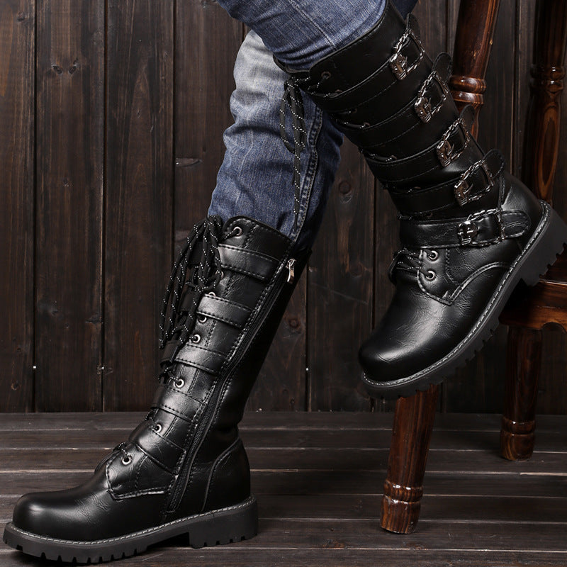 saferido Men's Leather Motorcycle Boots Mid-calf Military Combat Boots Gothic Belt Punk Boots Men Shoes Tactical Army Boot