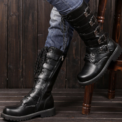 saferido Men's Leather Motorcycle Boots Mid-calf Military Combat Boots Gothic Belt Punk Boots Men Shoes Tactical Army Boot