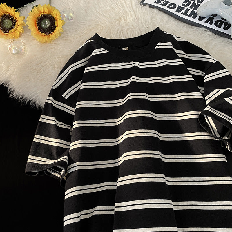 saferido      -shop 90s streetwear Japanese Striped Short-Sleeved T-shirt Men's Summer Loose Casual Retro Niche Versatile Cotton round Neck Bottoming T-shirt