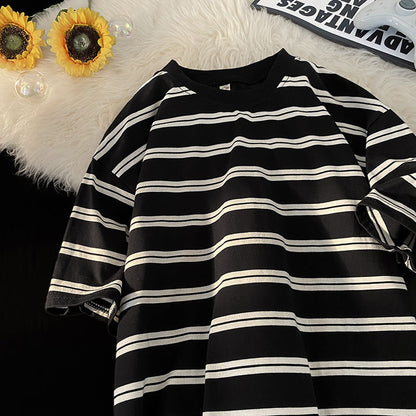 saferido      -shop 90s streetwear Japanese Striped Short-Sleeved T-shirt Men's Summer Loose Casual Retro Niche Versatile Cotton round Neck Bottoming T-shirt