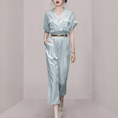 Summer women's  new light blue tooling wind cotton and linen jumpsuit jumpsuit wide-leg pants nine-point pants