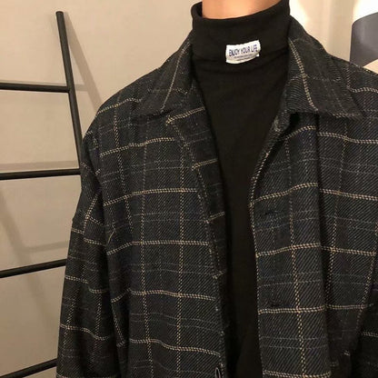 saferido      -shop mens fashion Autumn and Winter Woolen Plaid Jacket Men's Loose Korean Chic Retro Hong Kong Style Trendy Casual All-Matching Top Jacket