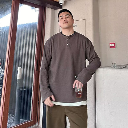 saferido guys clothing styles Japanese Retro Henry Collar Fake Two-Piece Long-Sleeved T-shirt Men's Autumn Casual Sweater Men's Autumn Bottoming Shirt