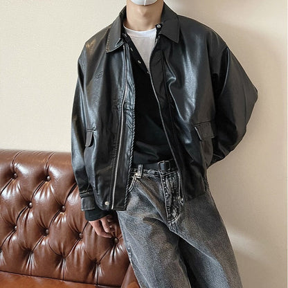 saferido fall outfits men American Casual Solid Color High-Grade Leather Coat Ins Men's Spring and Autumn Loose PU Leather Retro Lapel Motorcycle Jacket