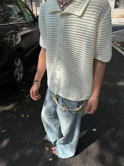 Niche retro hollow shirt boys new summer knitted sweater short sleeve old money style wear lapel half sleeve top
