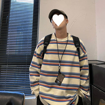 saferido      -shop masc outfits Spring and Autumn Contrast Color Striped Shirt Men's Loose Clothes Pullover Casual round Neck Sweater Coat