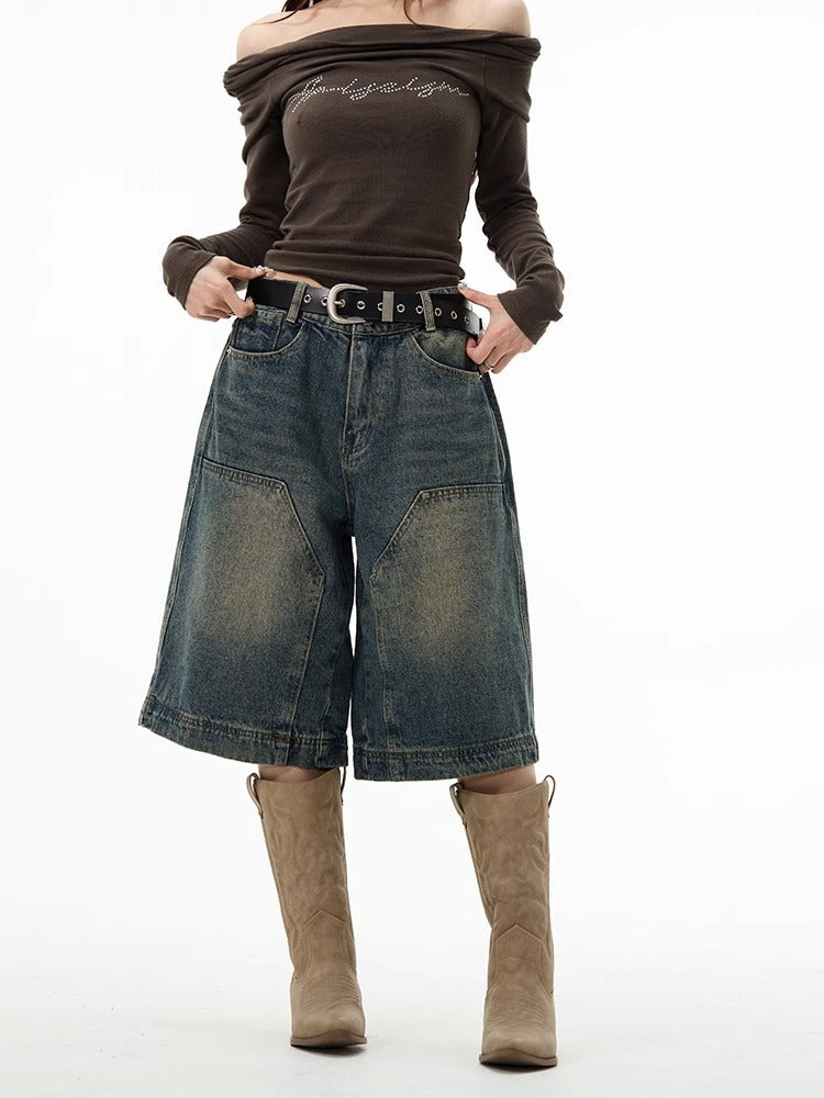 American high-grade denim shorts men's retro pants European and American logging wide-leg shorts six-point pants couple summer