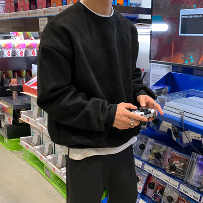 saferido      -shop guys clothing styles  Suede Sweater Men's Pullover round Neck Loose Winter Thickened Korean Style Trendy Long Sleeve Bottoming Shirt
