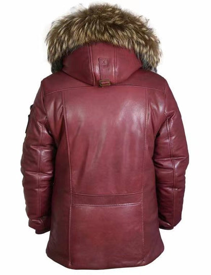 2025 Casual zipper hooded stand-up collar winter spot red straight hem youth sheepskin leather jacket