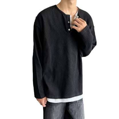 saferido      -shop mens outfit inspiration Japanese Retro Henry Collar Fake Two-Piece Long-Sleeved T-shirt Men's Autumn Casual Sweater Men's Autumn Bottoming Shirt
