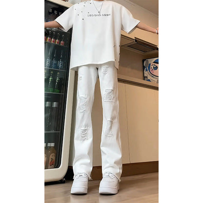 American high street cleanfit ripped jeans men's summer new straight flared pants casual all-match long pants