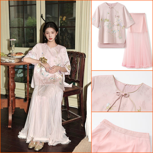 summer new Chinese ancient style Chinese style high-end exquisite embroidered printed top skirt two-piece set M5099